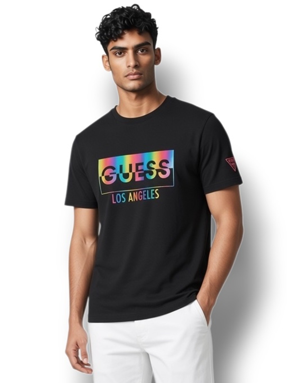 Guess Mens Short Sleeve Crewneck Ranz Iridescent Logo T-Shirt Jet Black XXL
